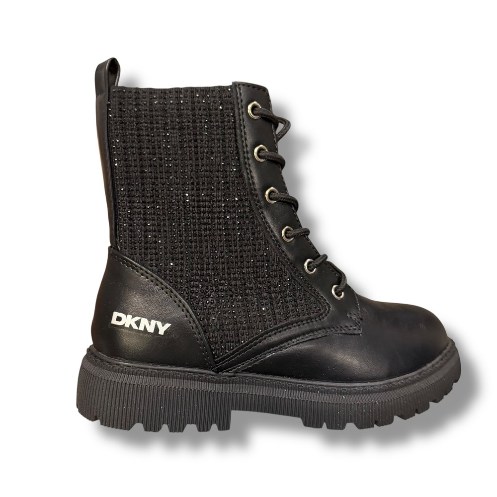 DKNY Kids Black Ava Menia Combat Boots Rhinestone Cuff Side Zip Lace Up Sz 2 NEW - Picture 4 of 15